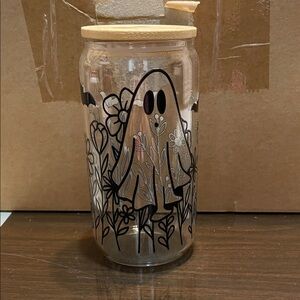 Glass Jar with Wooden Lid - Black Floral Design